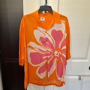 Zara Bright Orange Shirt with Pink Floral Design